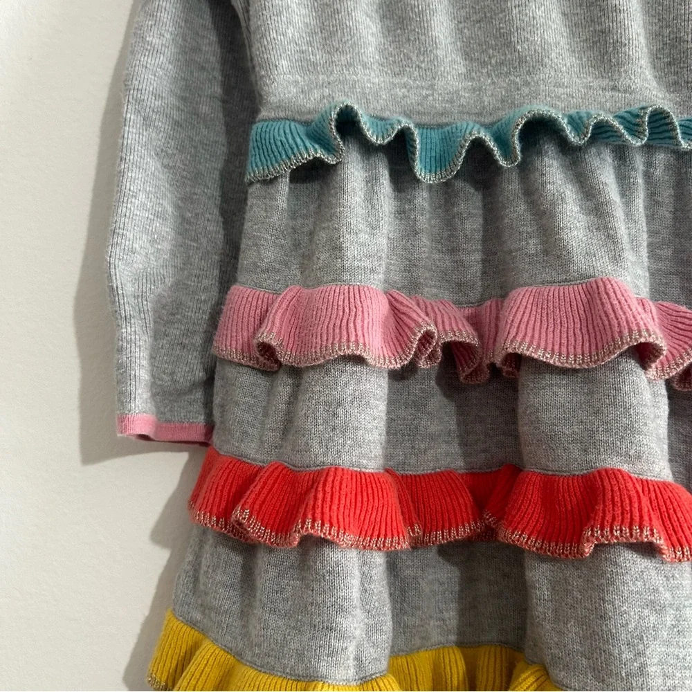 Mini Boden Grey Rainbow Ruffle Tiered Sweater Dress Size 7-8 Years